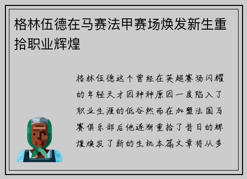 格林伍德在马赛法甲赛场焕发新生重拾职业辉煌