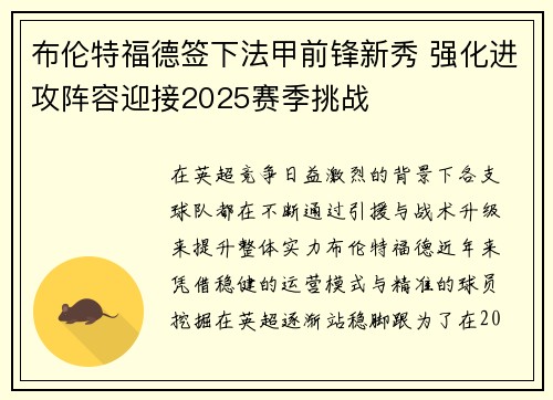 布伦特福德签下法甲前锋新秀 强化进攻阵容迎接2025赛季挑战 布伦特福德签下法甲前锋新秀 强化进攻阵容迎接2025赛季挑战